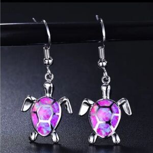 Purple Opal CZ Turtle White Gold Plated Dangle Earrings New in Gift Box